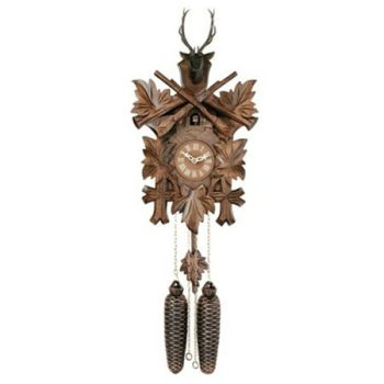 Eight Day Hunter's Cuckoo Clock with Hand-carved Maple Leaves, Rifles, and Buck