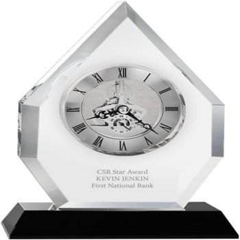 Executive Crystal Skeleton Clock - Beveled Flame Clear Crystal with Silver Accents - Silver Inset Time Piece - Personalized Engraving Up to Three Lines