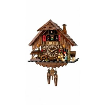 Quartz Cuckoo Clock Black Forest house with music, turning mill-wheel, the beerdrinker and the Black Forest Girl lift their arm