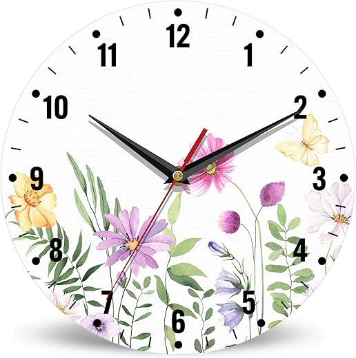 SPUNKER Clock for Bedroom,Wildflower Wall Clocks for Living Room Decor,Butterfly Flowers Summer Kitchen Clocks Wall Battery Operated - 10 Inch Round Bathroom Wall Clock Silent Non-Ticking