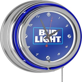 Trademark Global Budweiser Retro Neon Wall Clock, 14 Decorative Plug in or Battery Operated Analog Clock with Pull Chain