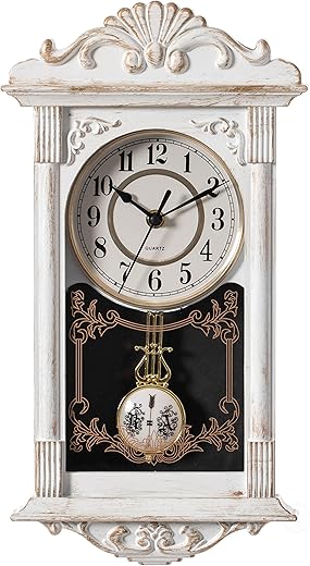 Vintage Grandfather Wood-Looking Plastic Pendulum Decorative Battery-Operated Wall Clock Brown, for Office, Home Decor, Living Room, Kitchen, or Dining Room, White