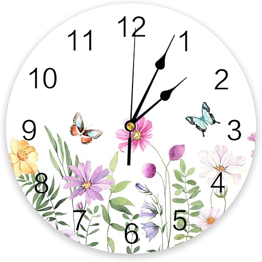 Wildflower Butterfly PVC Wall Clock Silent Non-Ticking Battery Operated Clocks, Spring Floral Round Clock for Home Living Room Office School Kitchen Bedroom Bathroom Wall Decor 10 Inch Summer Flowers