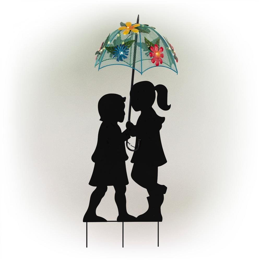 39 in. Tall Outdoor Solar Powered LED Lights Girl and Boy Silhouette...