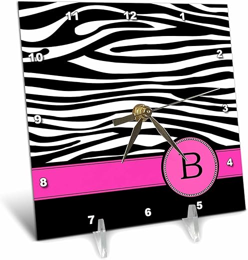 3dRose dc_154273_1 Letter B Monogrammed Black and White Zebra Stripes Animal Print with Hot Pink Personalized Initial Desk Clock, 6 by 6-Inch