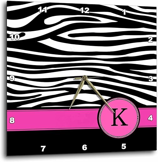 3dRose DPP_154282_2 Letter K Monogrammed Black and White Zebra Stripes Animal Print with Hot Pink Personalized Initial Wall Clock, 13 by 13-Inch