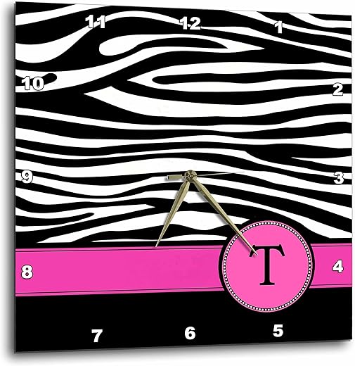 3dRose DPP_154291_2 Letter T Monogrammed Black & White Zebra Stripes Animal Print with Hot Pink Personalized Initial Wall Clock, 13 by 13