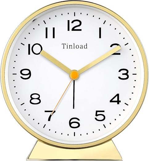 4.5 Battery Operated Antique Retro Analog Alarm Clock, Small Silent Bedside Desk Clock with Night Light, Battery Operated, Snooze, for Living Room, Bedroom, Bedside, Desk(Gold)