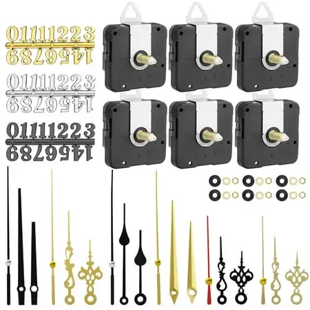 6Pcs Quartz DIY Wall Clock, Clock Numerals Kit, Movement Mechanism Battery Operated Clock Motor Kit with 6 Different Pairs of Hands for DIY Clock Repair Parts Replacement