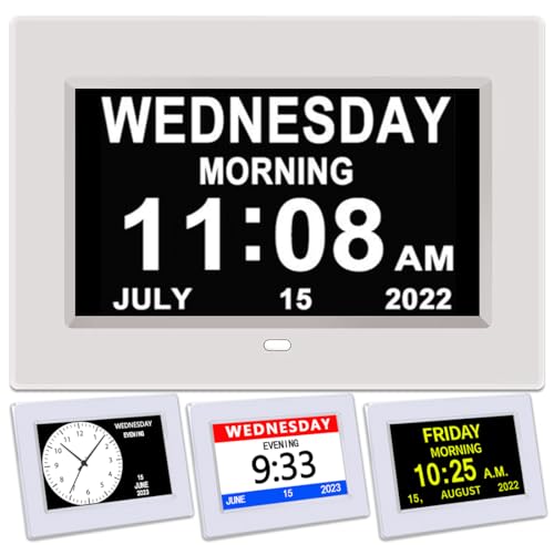 AINFTIME Clock with Day and Date for Elderly-3 Colors Display Digital Calendar Alarm Clock Dementia Alzheimers Clock with Extra Large Display (7in White)