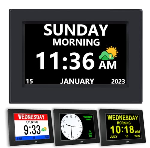 AINFTIME Digital Clock with Date and Day of Week for Elderly-12 Alarms Medication Reminder Dementia Alzheimers Clock Calendar with Extra Large Display (7 inch Black)