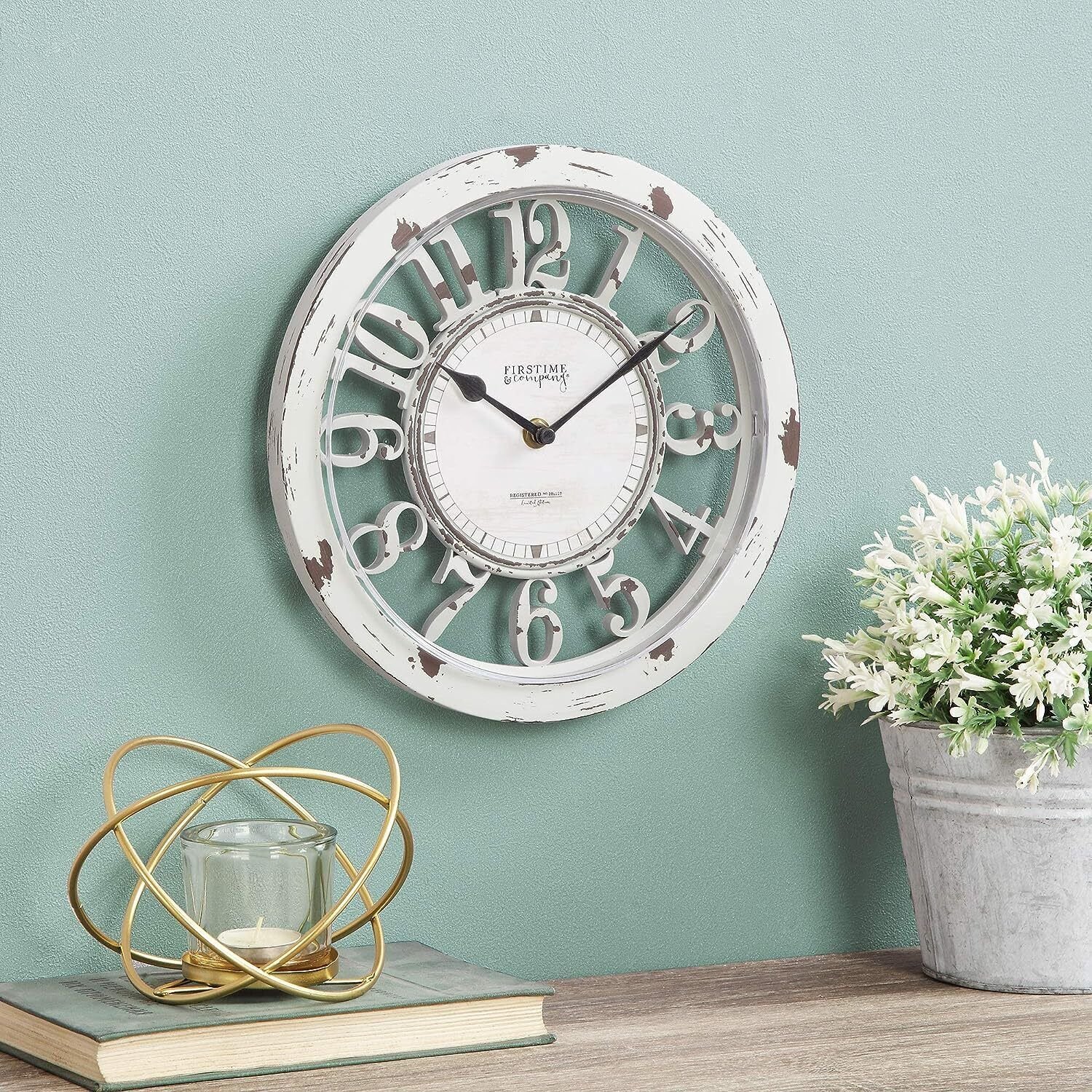 Antique Farmhouse Contour Wall Clock American Crafted Distressed Ivory