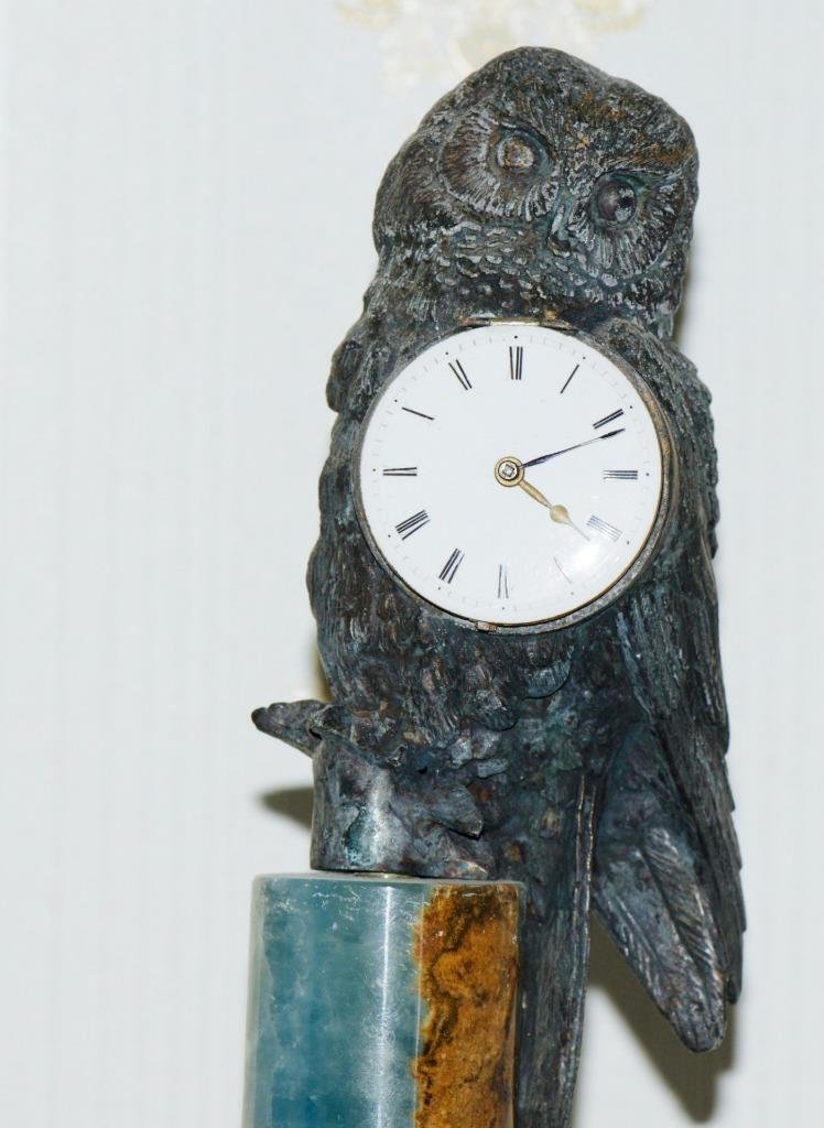 Antique French Owl Figure Desk Pedestal Clock-Verge Fusee Bronze c1800's