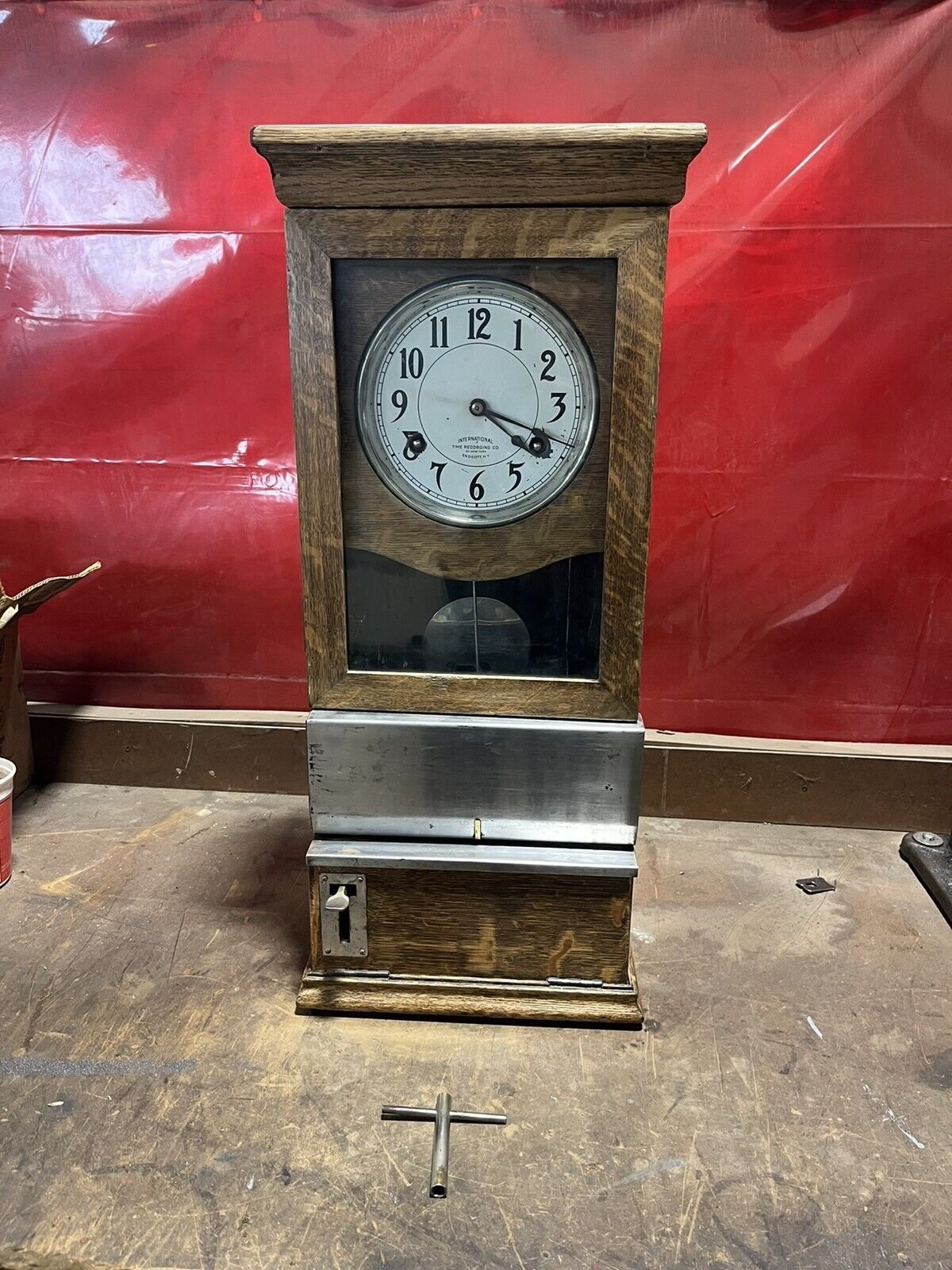 Antique International Time Recording Co. Oak Wood Wall Mount Time Clock