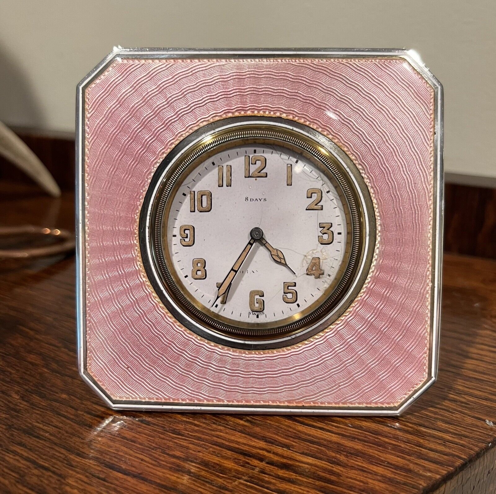 Antique Tiffany & Co Sterling Silver Guilloche Enamel Travel Desk Clock Art Deco