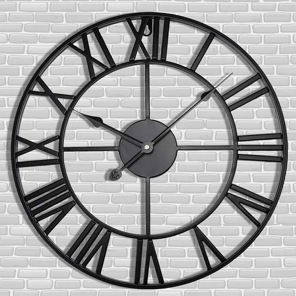 Antique Tower 30 inch Large Roman Numeral Wall Clock, Indoor Outdoor Patio Waterproof Oversized Decorative Contemporary Clock, Antique Black Metal Wall Clock Battery Operated Retro Art Hanging Clock,3