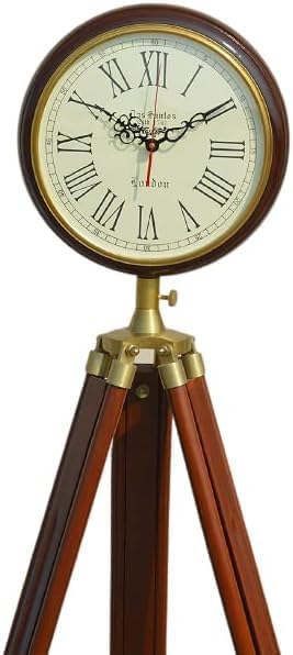 Antique Victorian London Vintage Style Table & Floor Clock with Adjustable Wooden Tripod Stand (60 inch) for Home & Office Decor Brown