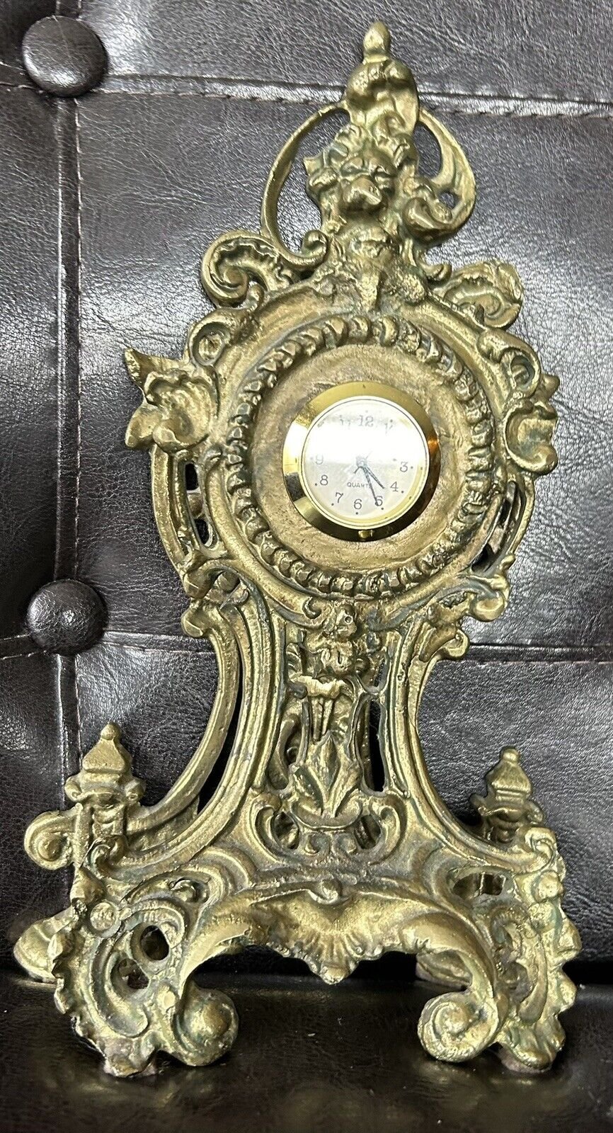 Antique Waterbury Brass Table Wind Clock Pat 1891 Great Working Condition 8.5”T