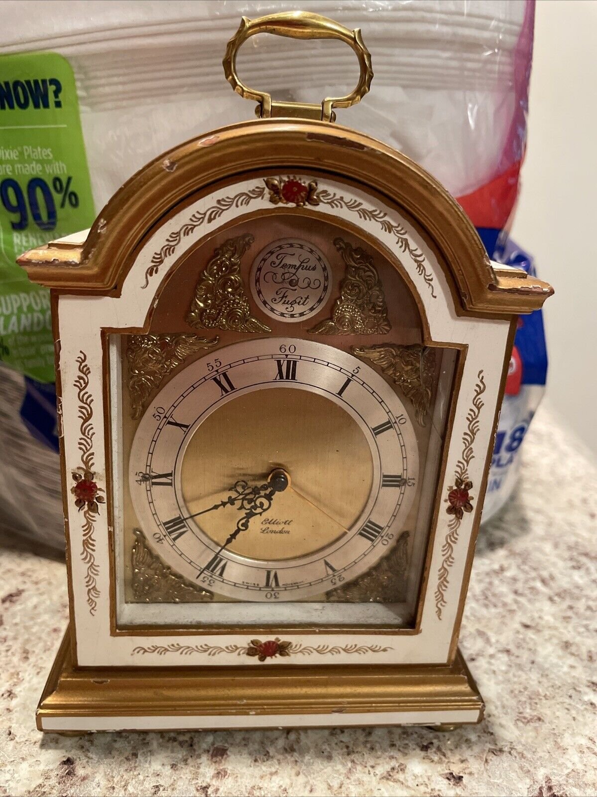 Antique White Lacquered Chinoiserie Hand Painted Mantel Clock By Elliott London