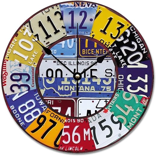 ArogGeld License Plate Wall Clock Vintage Numbers Car Tag Art Decor 10 Inch Battery Operated Large Decorative Silent Round Wood Hanging Clocks for Bedroom Living Room, One Size