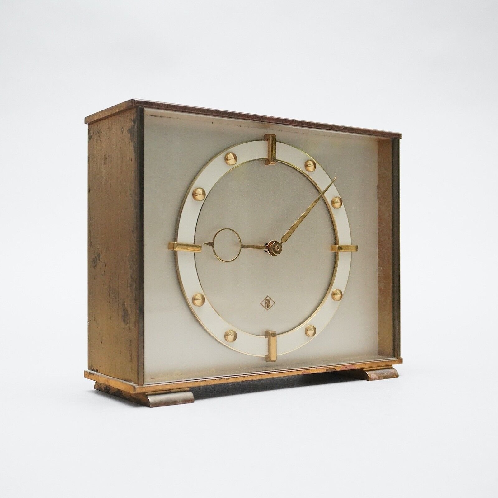 Art Deco Table Clock Brass Solid TN Frankfurt Battery Betr. 50er Years V. Min
