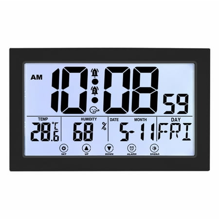 Auto Set Digital Wall Clock Battery Operated,Desk Clocks with Temperature,Humidity ， Display Digital Calendar Alarm Clock for Elderly,Bedroom,Office,black，G165466