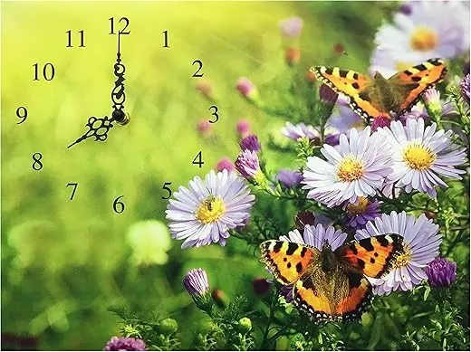 BANBERRY DESIGNS Butterfly Wall Clock Butterflies and Purple Daisies on a Canvas Wall Clock Spring Garden Vibrant Flowers