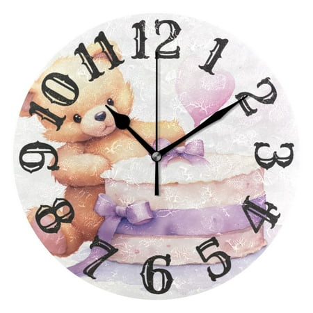 Bear Cake Balloon Bow 10 inch Wall Clocks Non Ticking Easy to Read Battery Decorative for Home Bathroom Kitchen Bedroom Living Room