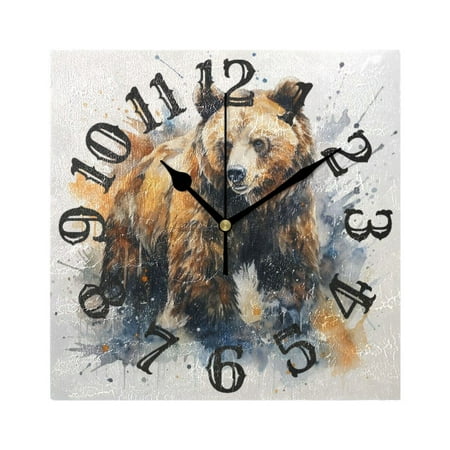 Bear Wall Clock Square Silent Non Ticking Battery Operated Clock for Home Bathroom Kitchen Bedroom Living Room