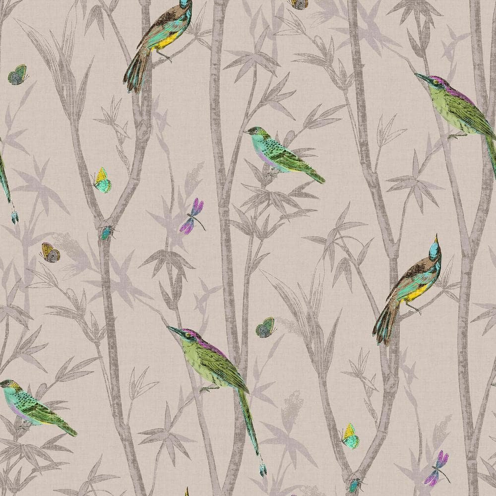 Beige Chinoiserie Bird Trail Natural Removable Wallpaper Sample