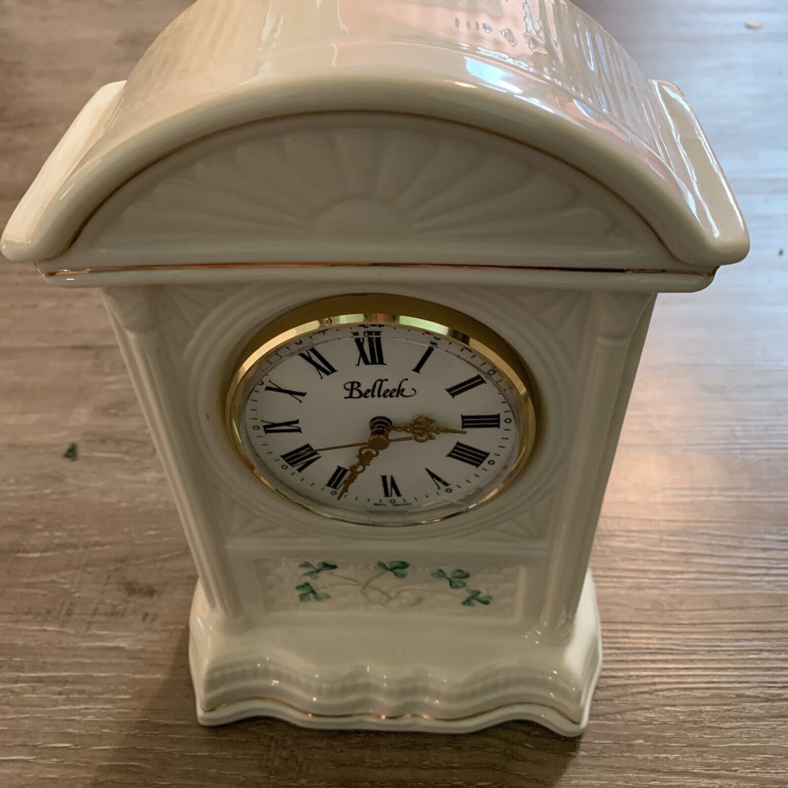 BELLEEK IRELAND GLENVEIGH MANTLE CLOCK, IVORY SHAMROCKS As Is
