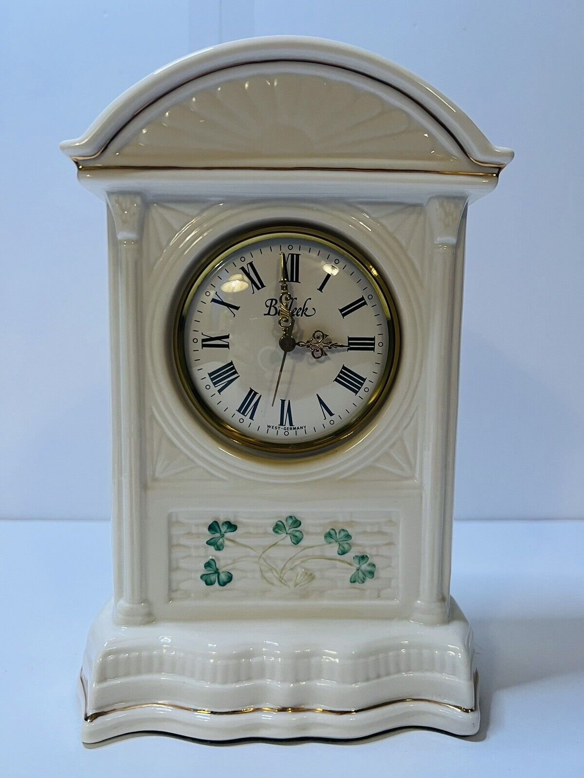 Belleek Irish Porcelain Mantle Clock Shamrocks