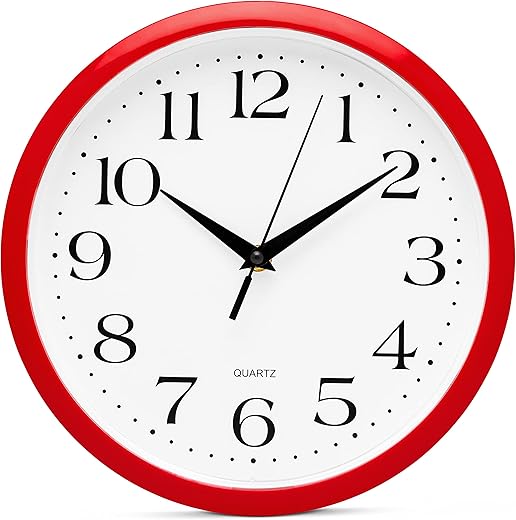 Bernhard Products Red Wall Clock Silent Non Ticking - 10 Inch Quality Quartz Battery Operated Round Easy to Read Home/Kitchen/Office/Classroom/School Clocks, Vintage Retro Red Frame Black Numbers