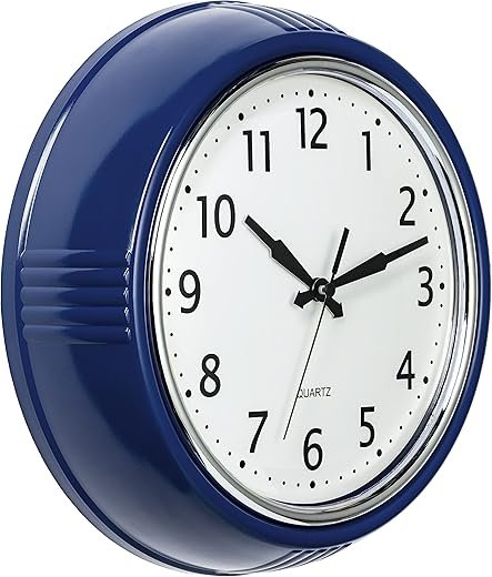 Bernhard Products Retro Wall Clock 12 Inch Navy Blue Kitchen 50's Vintage Design Round Silent Non-Ticking Quartz Battery Operated Clocks for Home Office School Classroom Kids Bedroom Living Room