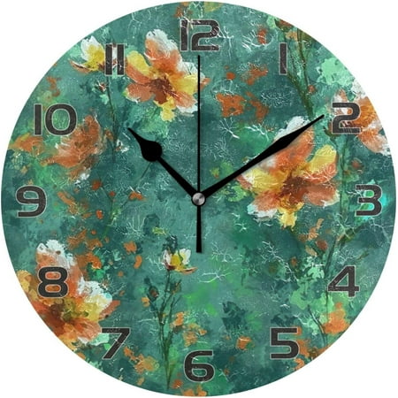 Bestwell Oil on Canvas Yellow and White Flowers Wall Clock, Round Silent Wall Clock, 9.84 inches, for Living Room, Kitchen, Bedroom Home Decoration