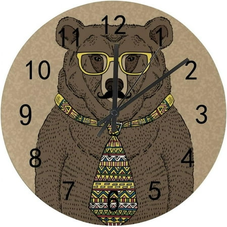 Bestwell Wooden Round Wall Clock Hipster Bear in Tie and Glasses Non Ticking Battery Operated Clocks for Home Office Living Room Bedroom Home Wall Decor Gift