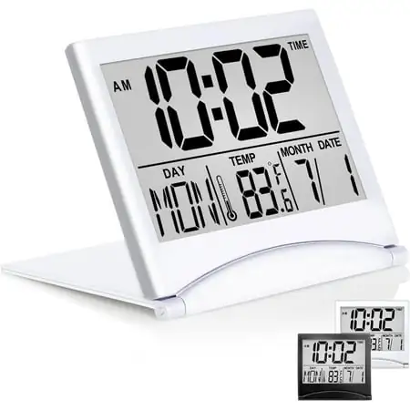 Betus Digital Travel Alarm Clock - Foldable Calendar Temperature Timer LCD Clock with Snooze Mode - Large Number Display, Battery Operated - Compact Desk Clock(Silver, No Backlight)