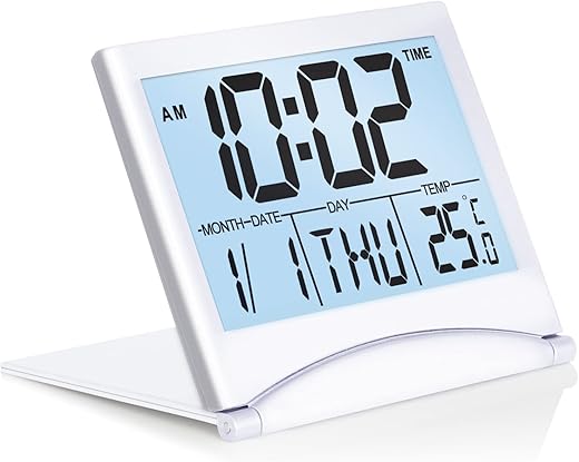 Betus Digital Travel Alarm Clock with White Backlight - Foldable Calendar Temperature Timer LCD Clock with Snooze Mode - Large Number Display, Battery Operated - Compact Desk Clock for All Ages