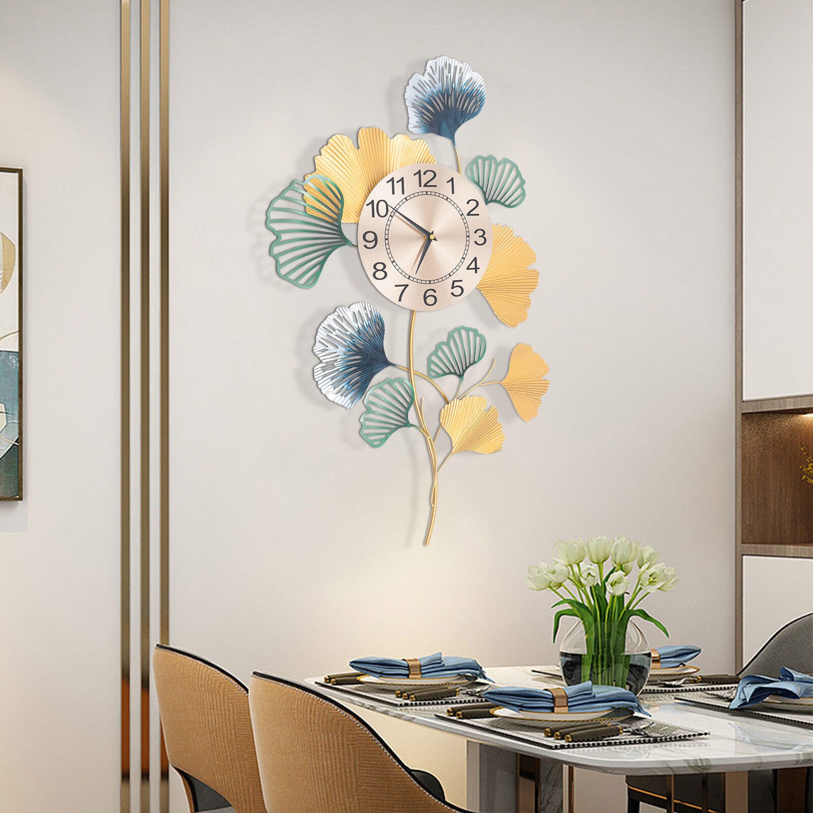 Big Metal Wall Clock Quartz Colorful Ginkgo Leaf Shape Wall Clock Silent Decor
