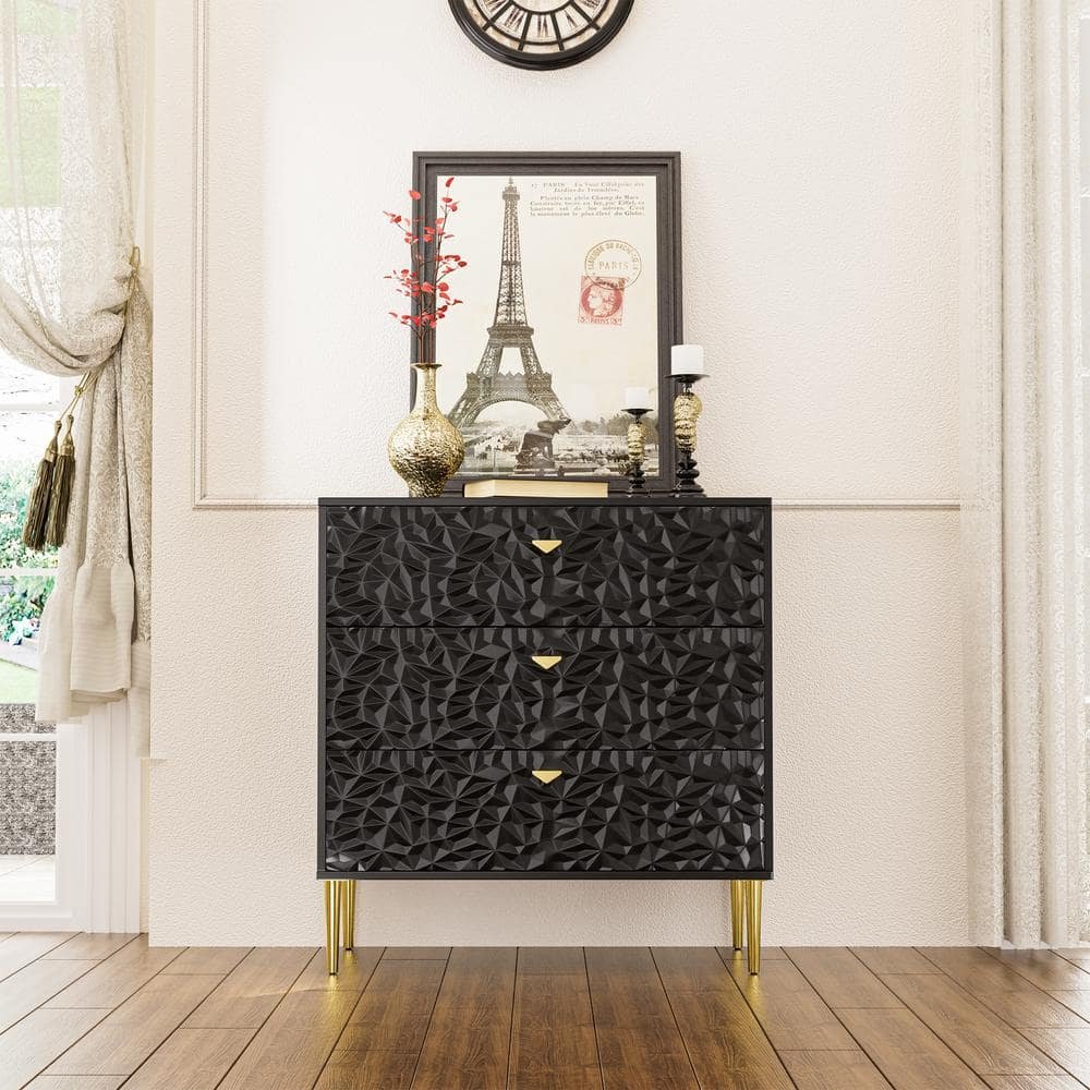 Black 3-Drawer Wood Nightstand with Tapered Support Legs