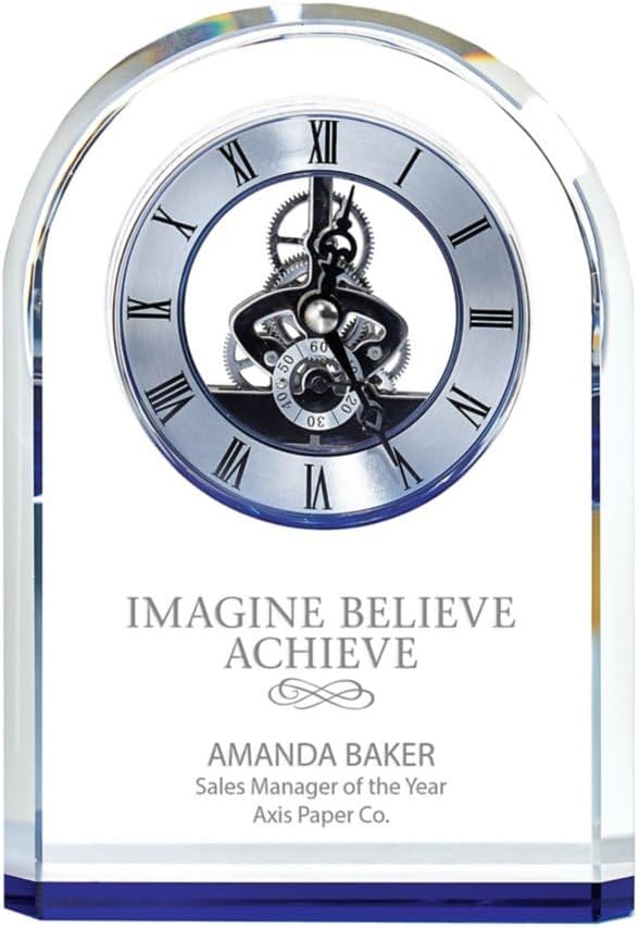 Blue Accent Arched Skeleton Clock - Personalized Engraving Up to Three Lines and Pre-Written Verse Selection