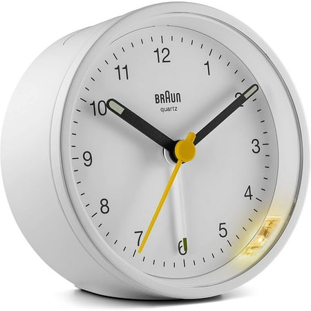 Braun Classic Analogue Alarm Clock with Snooze and Light, Quiet Quartz Movement, Crescendo Beep Alarm in White, model BC12W.