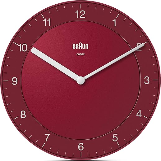 Braun Classic Analogue Wall Clock with Quiet Quartz Movement, Easy to Read, 20cm Diameter in Red, model BC06R.