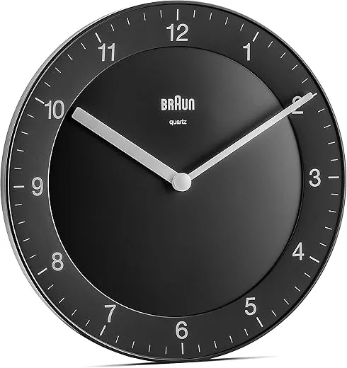 Braun Classic Analogue Wall Clock with Quiet Quartz Movement, Easy to Read, 20cm Diameter in Black, Model BC06B.