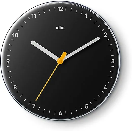 Braun Classic Analogue Wall Clock with Silent Sweeping Quartz Movement, Easy to Read, 23cm Diameter in Black, Model BC26B.