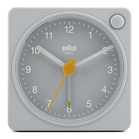 Braun Classic travel Analogue Alarm Clock with Snooze and Light, Compact Size, Quiet Quartz Movement, Crescendo Beep Alarm in Grey, model BC02XG.