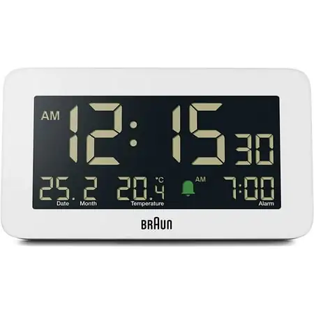 Braun Digital Alarm Clock with Date, Month and Temperature Displayed, Negative LCD Display, Quick Set, Crescendo Beep Alarm in White, model BC10W.