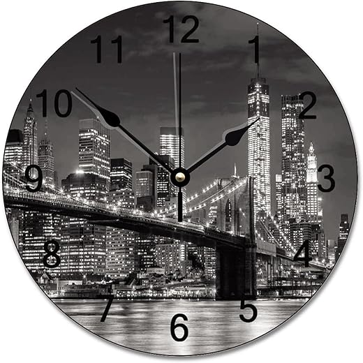 Brooklyn Bridge Wall Clock New York City Skyline Illuminated Clock Wall Decor 10 Inch Battery Operated Large Decorative Wall Clock Silent Round Wood Wall Clock Hanging Clocks for Bedroom Decor Living