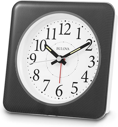 Bulova B1869 EZ-View Alarm Clock, White Case with Pinstripe