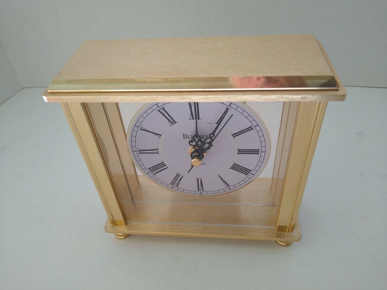Bulova Grand Prix Executive Desk Clock Brass & Glass with Roman Numerals